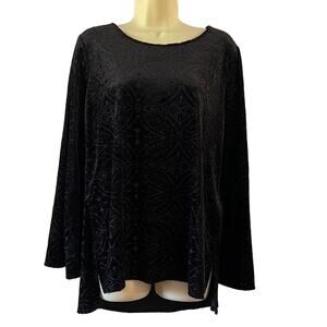 Cato  Black Stretch Velvet Burnout Tunic Top Woman Size Medium Long Bell Sleeves